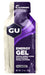 Packet of Gu Energy Gel in Jet Blackberry flavor. Packet is off-white on the sides, with shades of swirled down the middle and white text.  