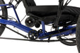 Close up side view of an HP Velotechnik recumbent trike with a dark blue frame and black seat.  Image shows chain idler, base of seat, and small wheels on seat base used to roll trike when folded. 