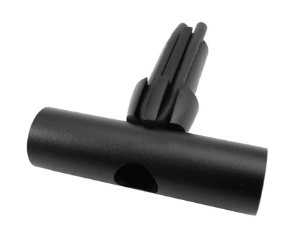 Top view of black  HP Velotechnik Universal Top-bar mount showing hole in top of T for cable routing