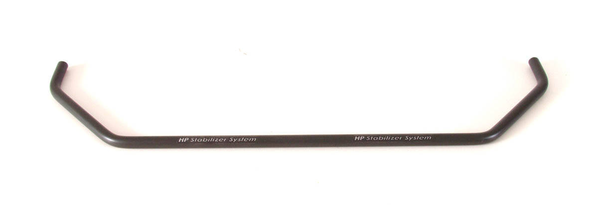 A black HP Velotechnik front suspension anti-roll stabilizer bar, showing a curved metal bar with branding and model details.