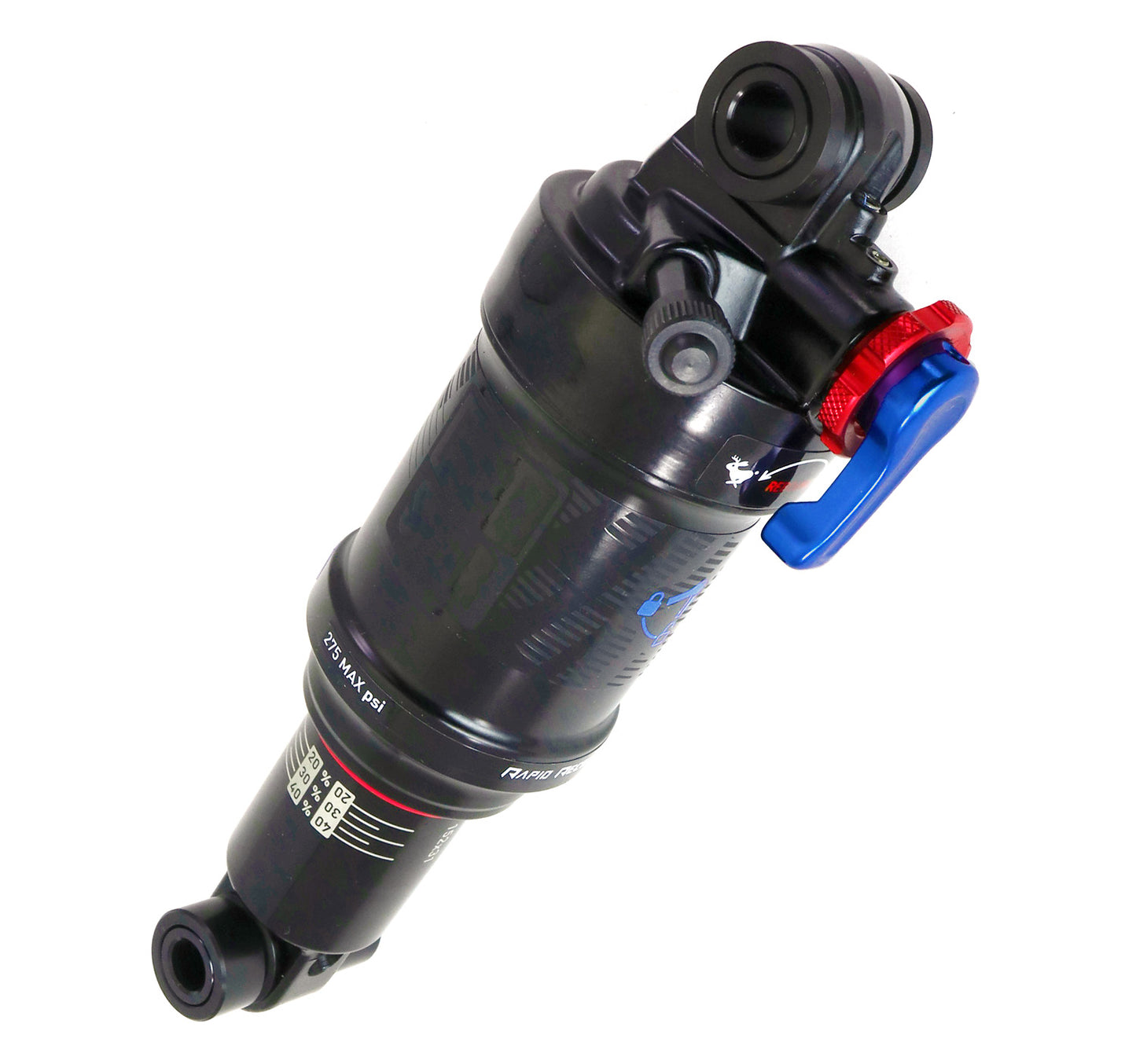 HP Velotechnik RockShox Monarch RL Rear Shock with rebound damping and lockout adjustments, predominantly black with some blue and red accents.