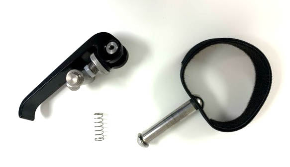 Studio image of the quick release lever, spring, and pin parts to fold and ICE trike