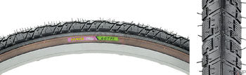 Composite studio images of side view of a black Kenda Street tire with gumwall sides, and a 2nd image showing a close up top down view of the tire tread.