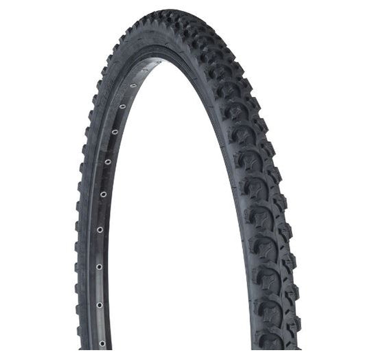 A black Kenda Alfabite bicycle tire with a steel bead, 26 x 2.1 inches in size.
