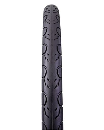 A black Kenda Kwest high pressure road bicycle tire with smooth tread and water dispersion grooves.