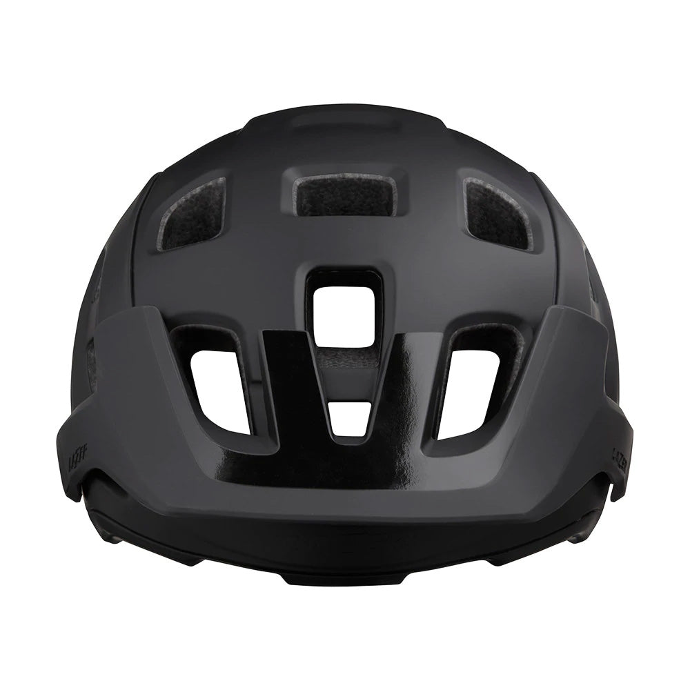 studio image of front of matt black helmet with square vents and black visor