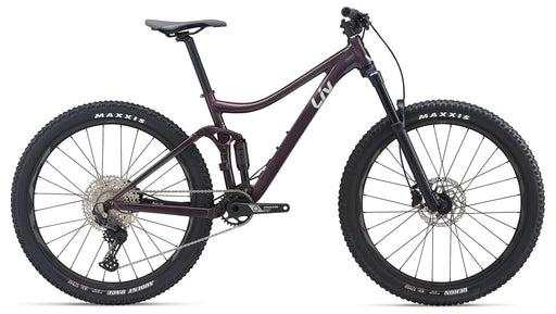 Drivetrain side view of the Womens Liv Embolden 2 mountain bike in rosewood with white graphics.