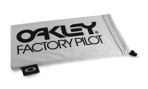 Oakley Microfiber Sunglass Storage and Cleaning Bag in white with the words Oakley Factory Pilot in black.