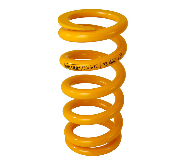 Studio image of yellow Ohlins rear shock with black letter of 18075-12 / 88 (502) / 57 on the coils