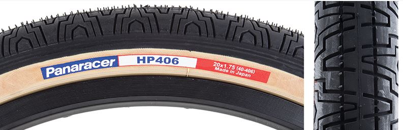 Panaracer HP406 bicycle tire, black with gum walls, wire bead type, 20 inch size.