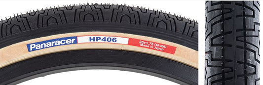 Panaracer HP406 bicycle tire, black with gum walls, wire bead type, 20 inch size.