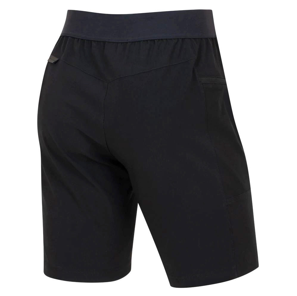 A pair of black Pearl Izumi women's cycling shorts with a wide stretch waistband and hand pockets.