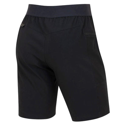 A pair of black Pearl Izumi women's cycling shorts with a wide stretch waistband and hand pockets.