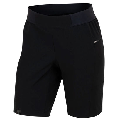 Studio image of front of black pair of shorts with zipper pocket on left hip.