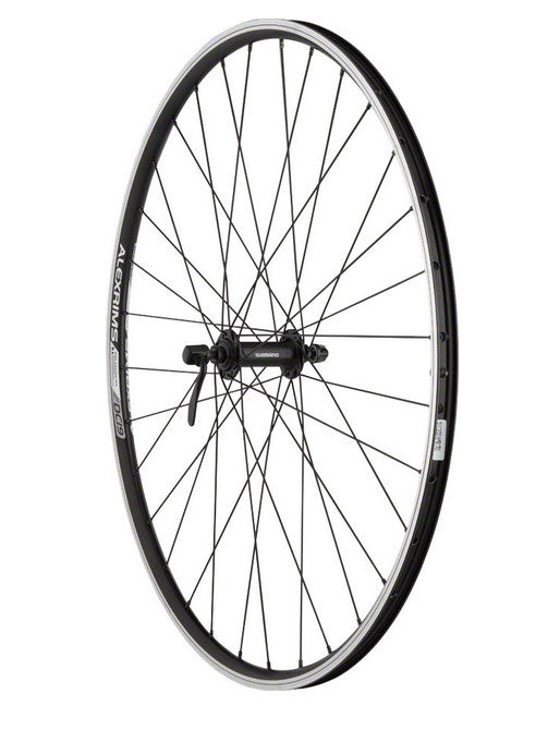A black 700c bicycle wheel with a quick release skewer and double-wall rims.