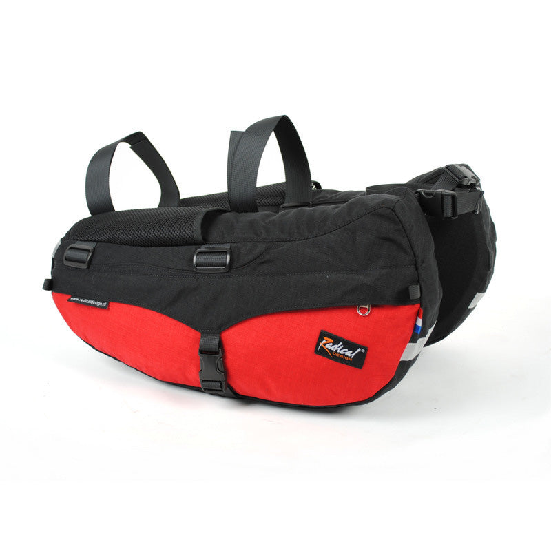 Radical Design Banana Racer Seat Panniers Recumbent Bag with black upper half and red lower half.