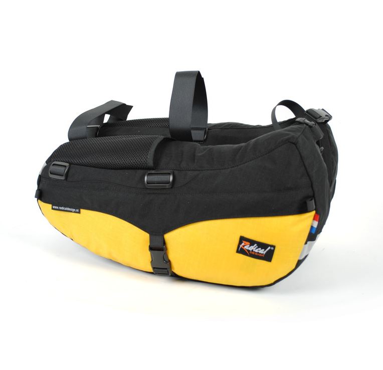 Radical Design Banana Racer Seat Panniers Recumbent Bag with black upper half and yellow lower half.