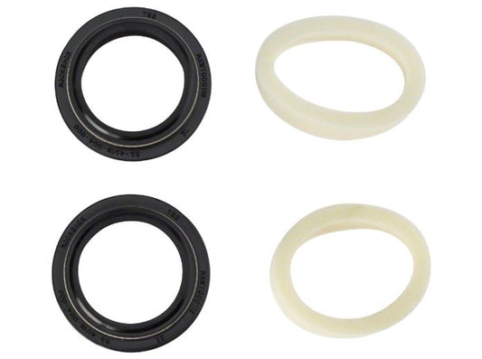 An image showing three different components of a RockShox dust seal kit, including a black foam ring and two black o-rings.