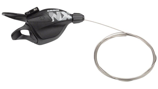 Studio view of black SRAM NX Eagle 12 speed trigger shifter with white lettering that says SRAM NX, and silver shifter cable coiled out of the shifter