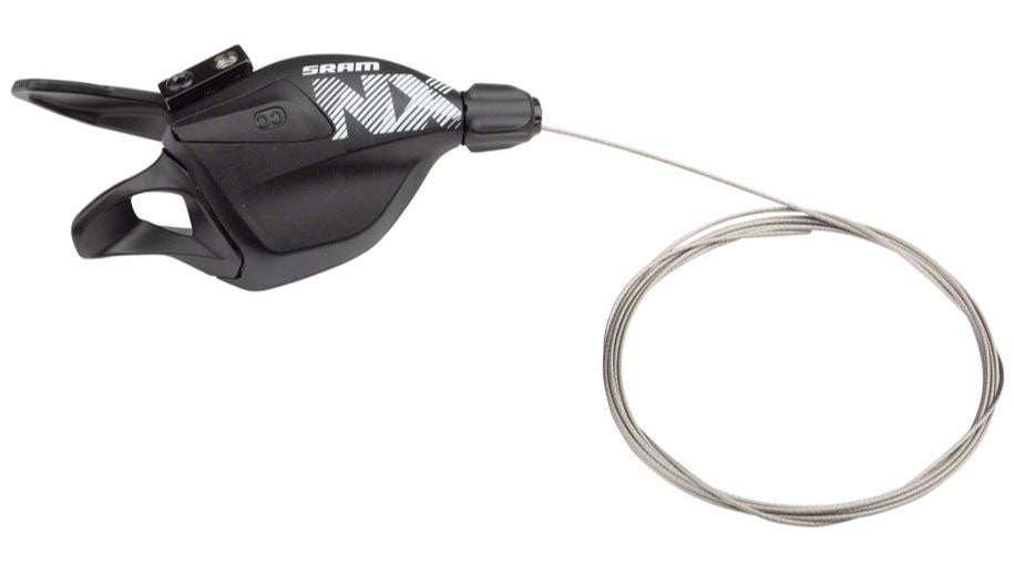 Studio view of black SRAM NX Eagle 12 speed trigger shifter with white lettering that says SRAM NX, and silver shifter cable coiled out of the shifter