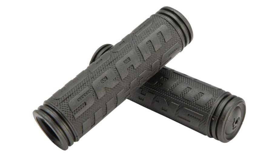 SRAM Racing Stationary Black Bicycle Grips on a white background, studio image.