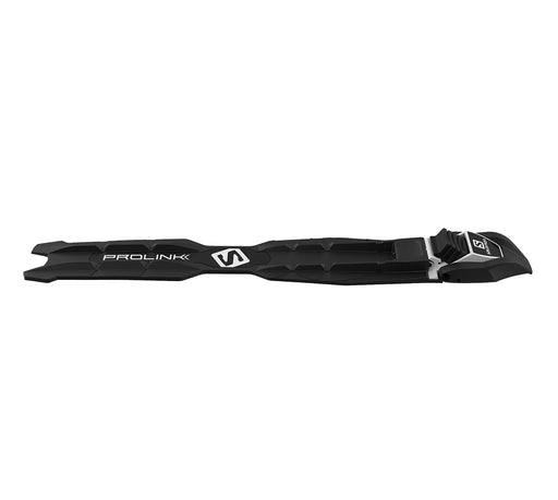 Side view of a Salomon Prolink Access Cross Country ski binding. Binding is mainly black with white lettering that says PROLINK on the back half. 