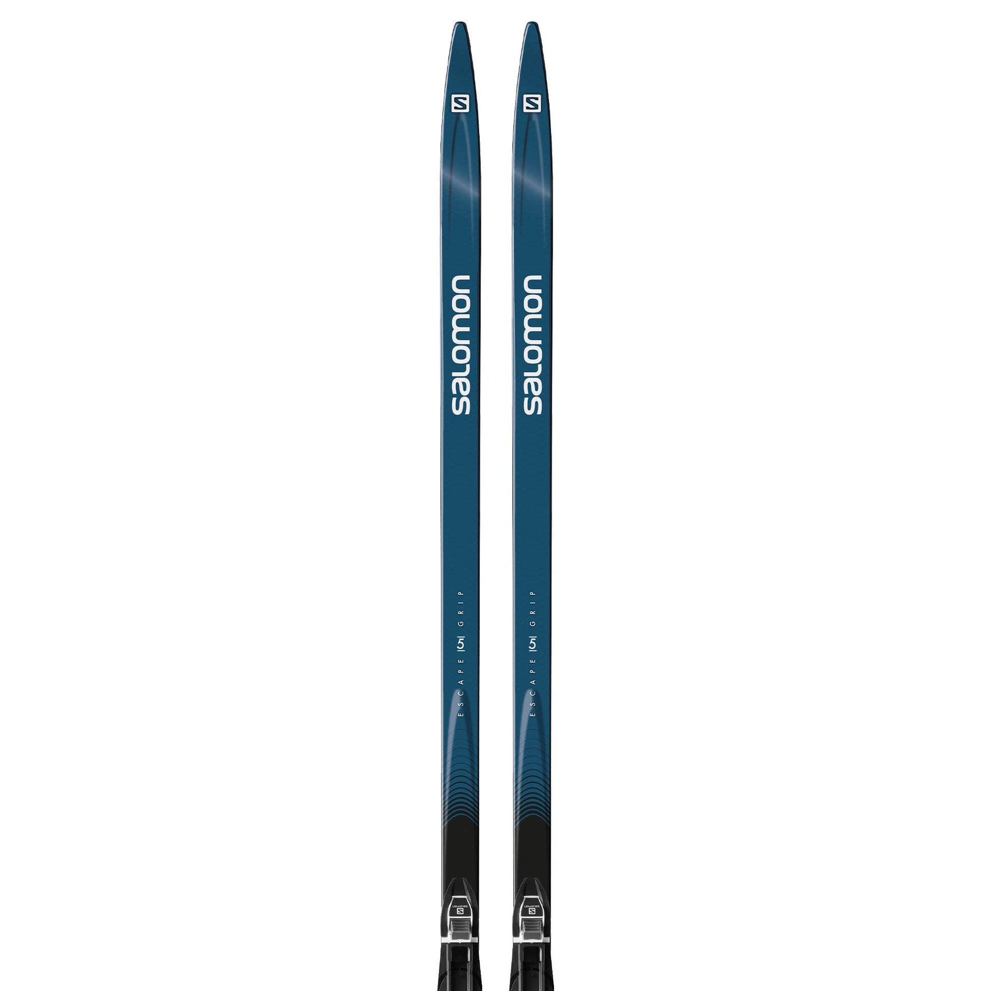 A pair of Salomon branded cross-country skis with a blue and white design, including bindings.