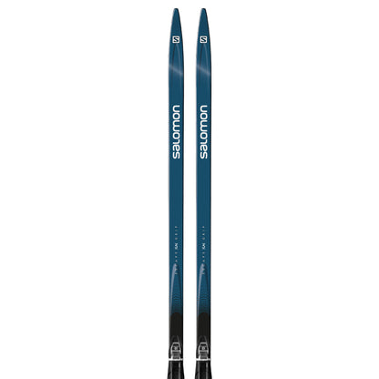 A pair of Salomon branded cross-country skis with a blue and white design, including bindings.
