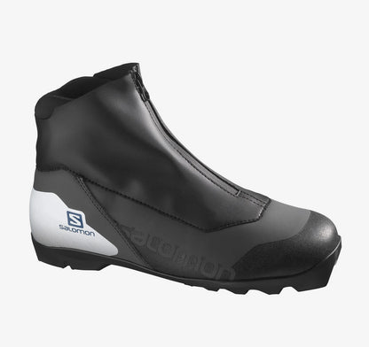 A black Salomon men's cross-country ski boot with a white logo and a zipper closure at the top.