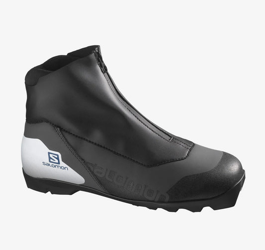 A black Salomon men's cross-country ski boot with a white logo and a zipper closure at the top.