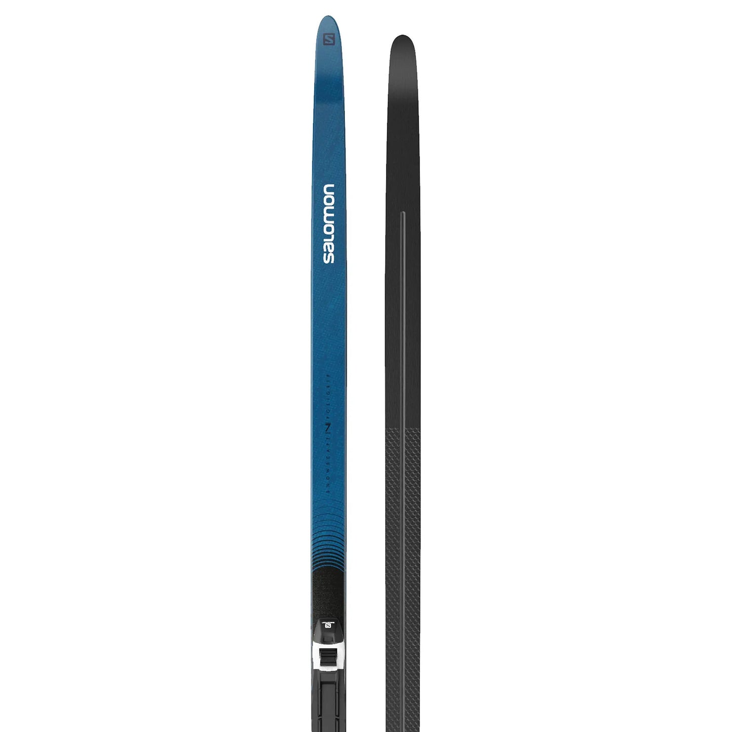 A pair of Salomon cross-country skis with Prolink Auto Binding, one ski showing the blue base and the other the black top surface, both with embossed grip patterns.