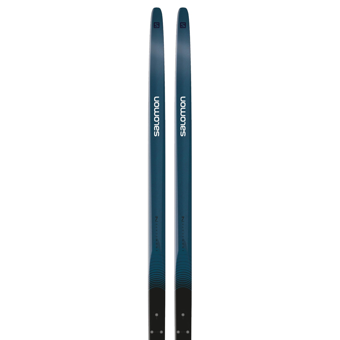 A pair of Salomon cross-country skis with Prolink Auto Binding, predominantly blue with white branding and detailing.
