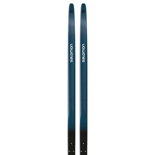 A pair of Salomon cross-country skis with Prolink Auto Binding, predominantly blue with white branding and detailing.