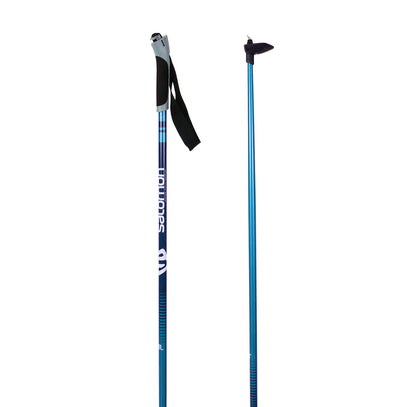 A pair of Salomon Escape Vitane XC poles with grey and black EVA grips, a black shaft, and blue and white accents.
