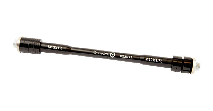 Black axle with silver ends and white lettering stating M12x1.0 CycleOps #22673 M12x1.75