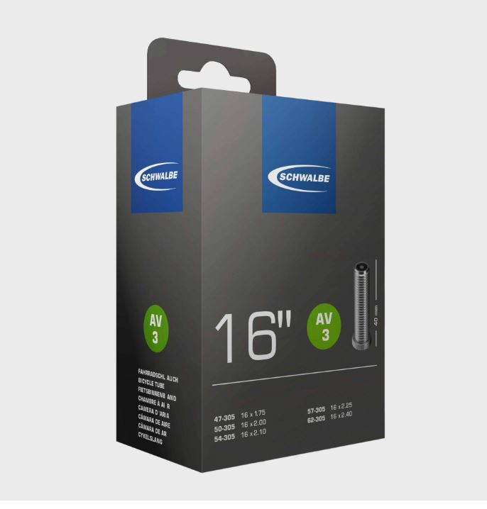 Packaging box for Schwalbe AV3 Schrader Valve Tube, indicating the tube size of 16 inches.