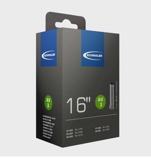 Packaging box for Schwalbe AV3 Schrader Valve Tube, indicating the tube size of 16 inches.