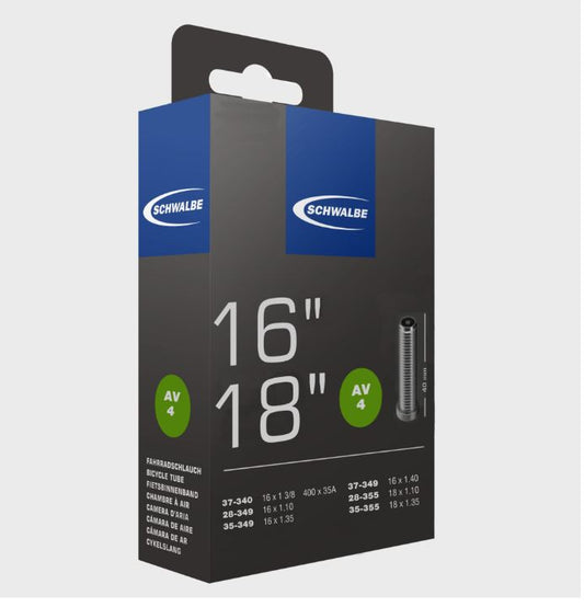 Packaging of Schwalbe AV4 Schrader Valve Tube for 16 inch and 18 inch bicycle tires, displaying the product specifications and size.
