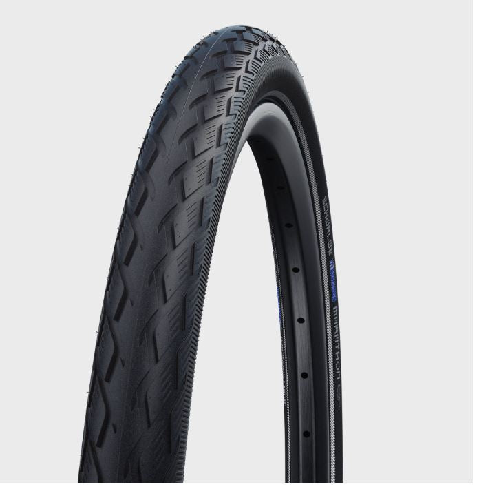 A black Schwalbe Marathon GreenGuard bicycle tire with a wired bead design, suitable for 16 inch rims.
