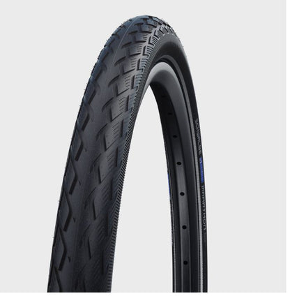A black Schwalbe Marathon GreenGuard bicycle tire with a wired bead design, suitable for 16 inch rims.