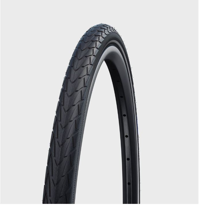 A black Schwalbe Marathon Racer bicycle tire with a wired bead and tread pattern, suitable for 20 inch wheels.