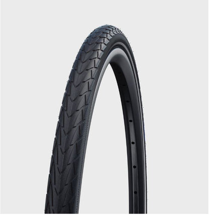 A black Schwalbe Marathon Racer bicycle tire with a wired bead and tread pattern, suitable for 20 inch wheels.