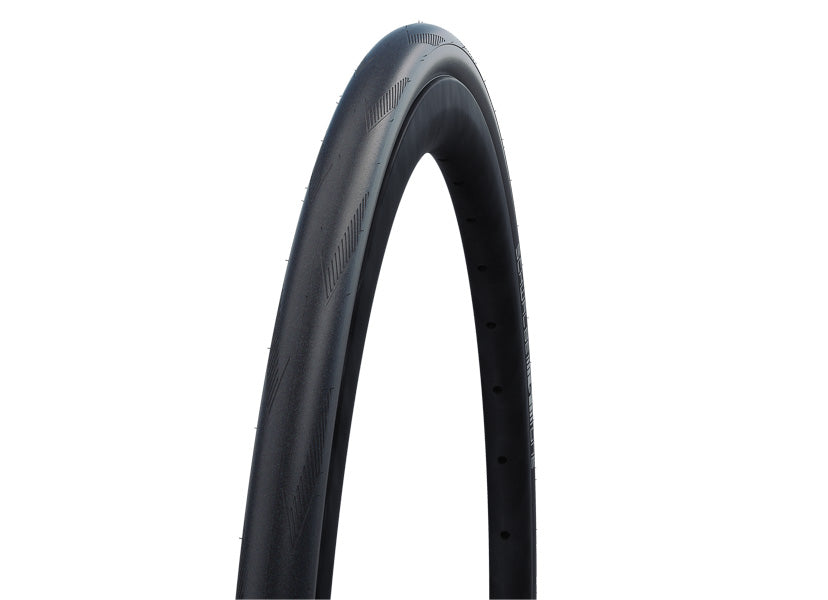 Black road bike tire with wired beads, marked with Schwalbe branding.