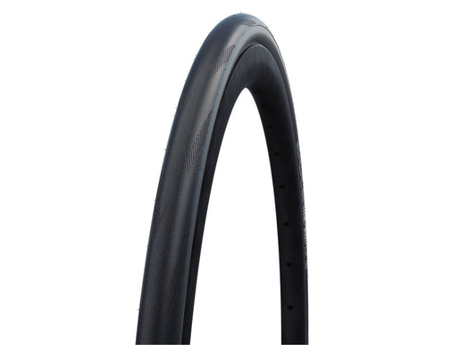 Black road bike tire with wired beads, marked with Schwalbe branding.