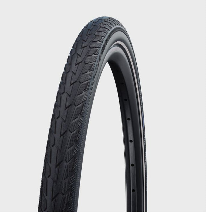 Tread view of black Schwalbe Road Cruiser Tire on a black rim