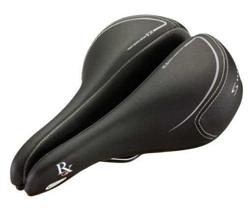 Top view of a black Serfas RX Men's bicycle saddle with silver and white stichting and lettering along back, top and nose portion of saddle.