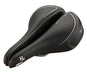 Top view of a black Serfas RX Men's bicycle saddle with silver and white stichting and lettering along back, top and nose portion of saddle.