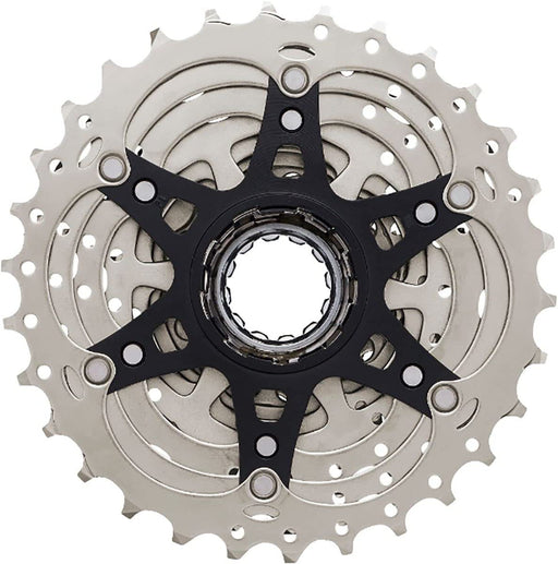 Back view of a Shimano 105 Silver cassette on a 6-bolt black support