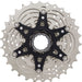 Back view of a Shimano 105 Silver cassette on a 6-bolt black support