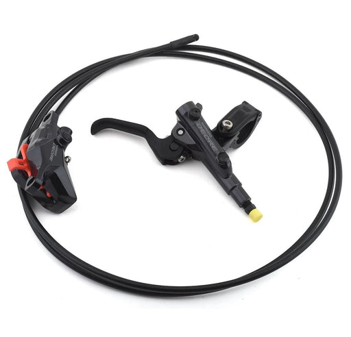 Studio image of black Shimano Deore right brake lever, black cable housing, and black brake caliper.